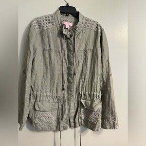 Saint Tropez Womens 100% Linen Crochet Green Button Up Light Weight Jacket M